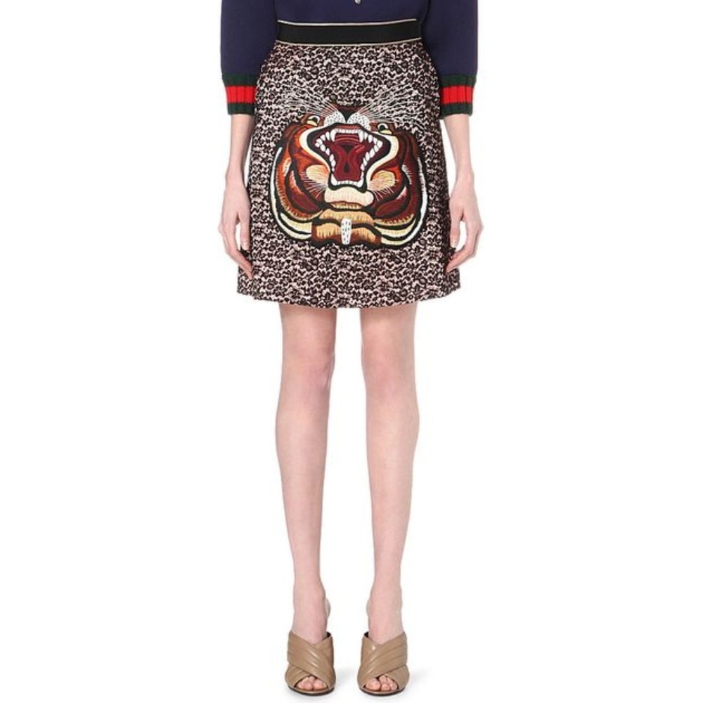 Gucci Tiger-Embroidered Floral- Lace Mini Skirt